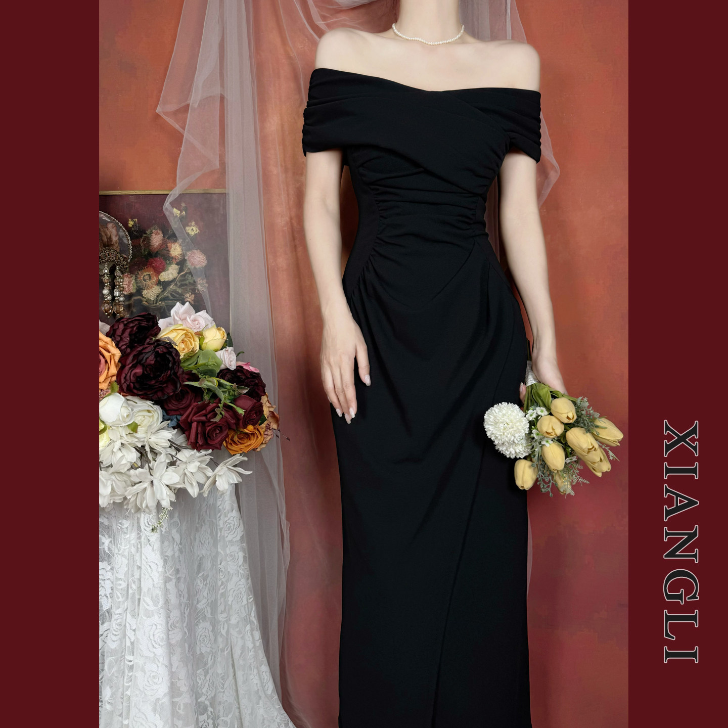 巷里法式复古黑色一字肩连衣裙女夏赫本气质显瘦订婚约会礼服长裙