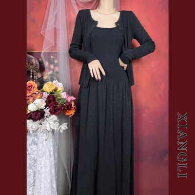 巷里法式复古百搭针织裙开衫套装