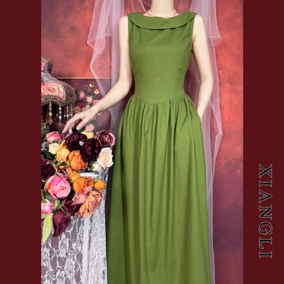 法式复古日常温柔气质绿色连衣裙