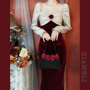 巷里法式 复古连衣裙秋冬赫本宫廷拼接气质订婚敬酒小礼服丝绒长裙