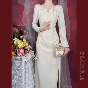 巷里法式 显瘦气质高级领证订婚开叉中长裙 复古连衣裙秋冬镂空修身