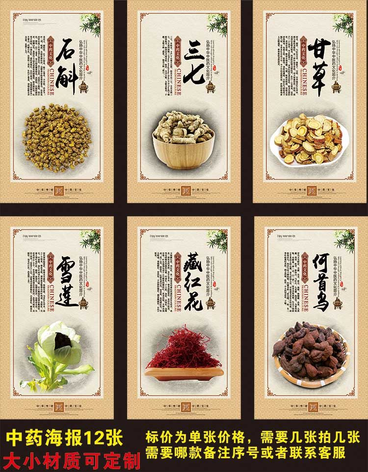 中草药中药材图片贴纸贴画人参鹿茸冬虫夏草海报挂图中药店装饰画