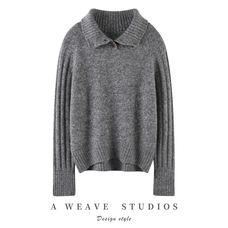 蚕丝山羊绒衫女慵懒风翻领长袖加厚针织毛衣灰色套头上衣