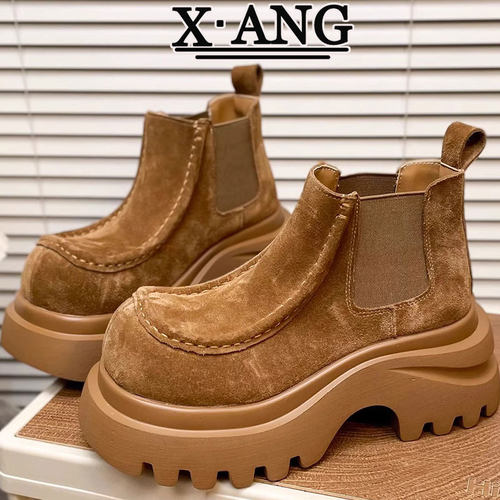 牛皮版马丁靴女款7cm厚底小个子博肯短靴切尔西靴高帮袋鼠鞋