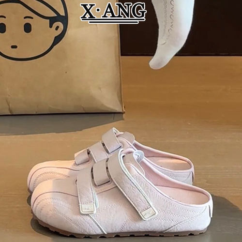 牛皮版包头博肯半拖鞋女夏季可外穿厚底一脚蹬魔术贴无后跟小白鞋