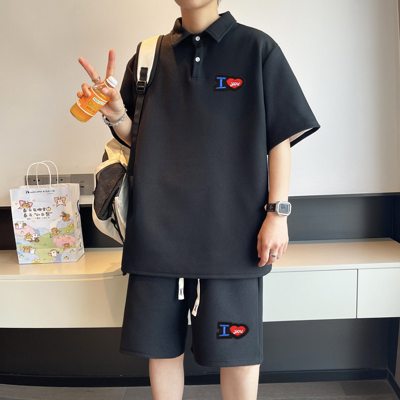 ZL21*P53华夫格polo衫短袖两件套男夏季新款t恤重磅宽松休闲套装,男装T恤,星座414A（原B215）