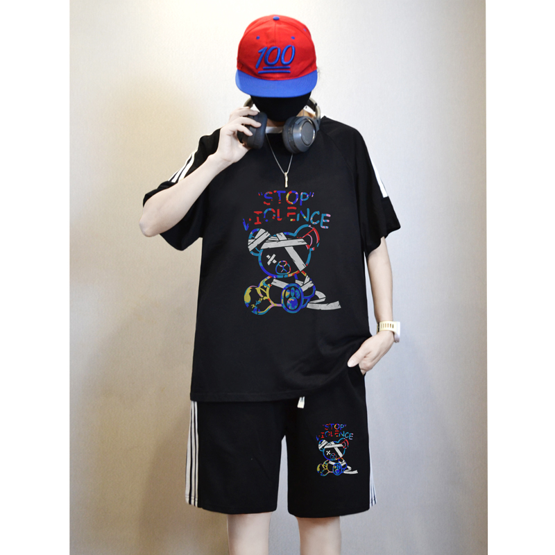 ZS13*P58美式痞帅简约运动套装男夏季潮流宽松情侣短袖短裤两件套，男装牛仔裤，星座414A（原B215）