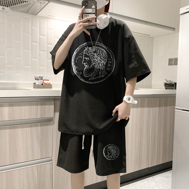 ZT98*P48美式重磅痞帅运动套装男华夫格夏季短袖T恤五分裤两件套,男装T恤,星座414A（原B215）