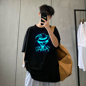 636 P15 ins潮牌t恤反光短袖男女同款日系宽松情侣装夏季夜光体恤图片