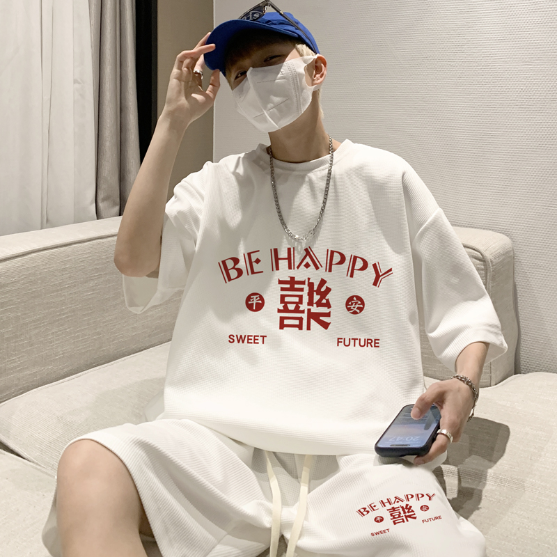 ZT117*P48风休闲运动套装男夏季潮牌痞帅短袖T恤短裤两件套，男装牛仔裤，电商B215