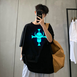 636 P15 ins潮牌t恤反光短袖男女同款日系宽松情侣装夏季夜光体恤图片