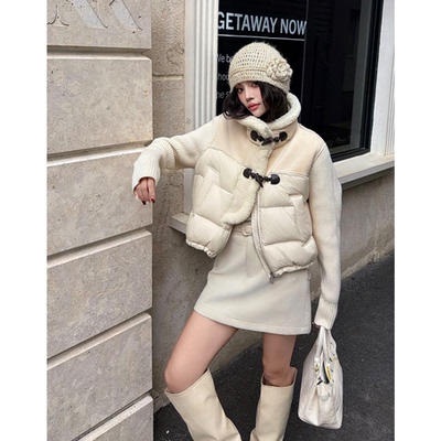 【何仙儿专属】90鸭绒 牛角扣针织袖拼接羽绒上衣7715