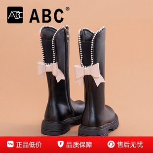 ABC童鞋儿童靴子2025新款春秋女孩皮靴冬季加绒高筒棉靴女童长靴