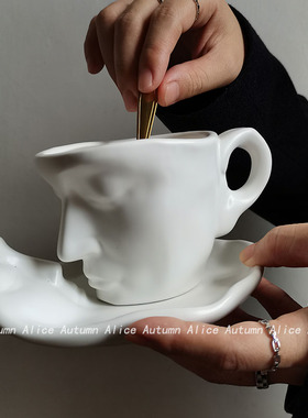 欧式人脸雕塑咖啡杯碟中古小众设计感陶瓷下午茶水杯拉花拿铁杯子