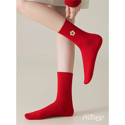大红色本命年袜子女士棉袜中筒袜马年2026可爱刺绣秋冬结婚新年袜