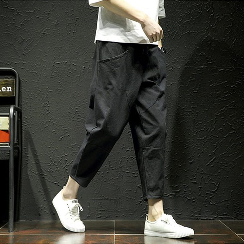 坠感阔腿裤男九分夏薄款宽松直筒潮流休闲棉麻百搭日系bf风八分裤热销221件有赠品