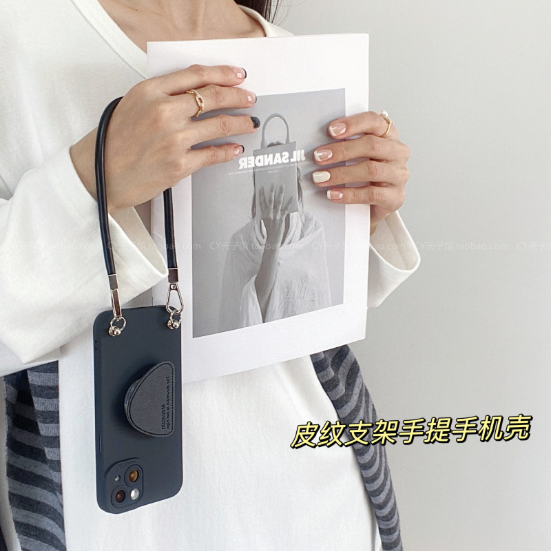 小众ins高级感黑色皮质支架手机壳适用华为mate70/60新款Pura70简约P50软壳nova13/12全包腕带挂绳手提保护套