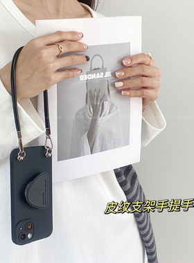 小众ins高级感黑色皮质支架手机壳适用vivox200promini新款x100软s191817全包iqoo13/neo9腕带挂绳手提保护套