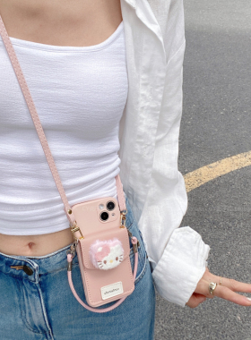 日韩ins风粉色少女心可爱猫咪卡包适用iPhone16promax苹果17手机壳15pro斜挎手提绳14plus保护套1312硅胶软壳