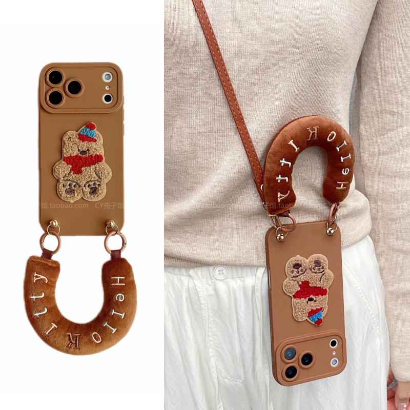 秋冬刺绣围巾熊毛绒手拎适用荣耀500pro手机壳magic8新款荣耀400/300斜挎手提绳x70防摔maigc7软硅胶x50可爱