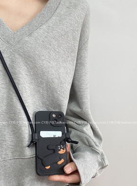 黑色小狗插卡包适用OPPOReno13手机壳斜挎可背12/11/10/9可爱卡通findx8/x7软壳A5pro带挂绳A3全包防摔保护套