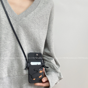 黑色小狗插卡包适用小米15手机壳斜挎可背红米note14/13pro可爱Turbo4卡通k80k7060软civi4pro全包防摔保护套