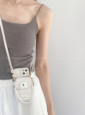 简约高级感奶白色小熊卡包韩ins适用小米15手机壳红米note14/13pro斜挎手拎挂绳12turbo3防摔k807060全包civi