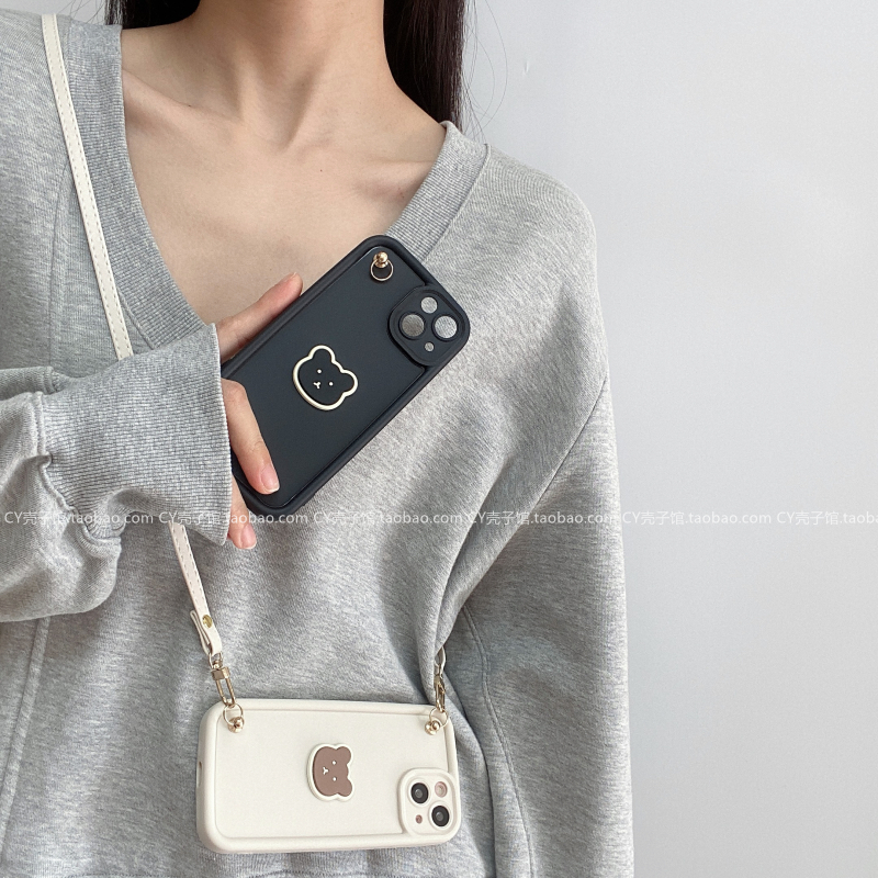 ins风简约黑白小熊斜挎绳适用iPhone15Promax苹果13手机壳14pro可背带12新款11全包防摔xs软硅胶xr保护套8p女