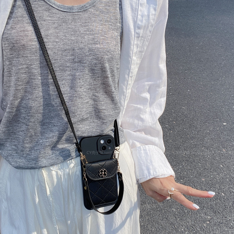 经典黑色幸运四叶草菱格卡包适用华为mate70/60手机壳pura80新款p70斜挎手提绳nova14/13简约高级感畅享80/70