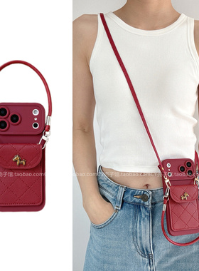 新年红小香风小马菱格零钱卡包壳适用OPPOReno15/14/13手机壳findx9/x8s+/x7斜挎背带手提绳A6高级感A5pro软