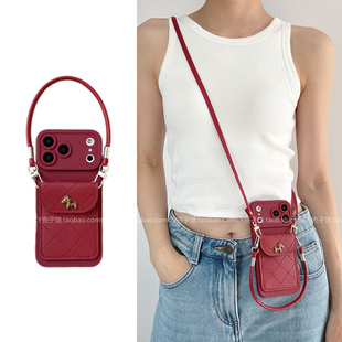 新年红小香风小马菱格零钱卡包壳适用OPPOReno15 13手机壳findx9 x8s x7斜挎背带手提绳A6高级感A5pro软