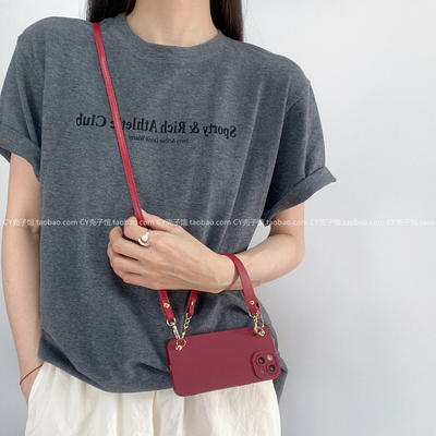 简约酒红色斜挎背带手提手机壳