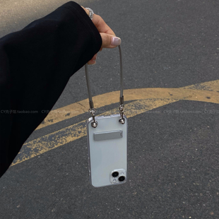 ins冷淡风高级感银色手提绳适用苹果17ProMax透明手机壳iPhone16promax简约折叠支架15pro小众14腕带13保护套