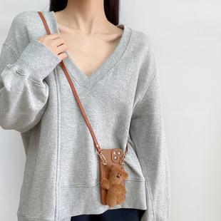 毛绒卡通憨豆小熊卡包适用荣耀200/100手机壳90gt斜挎挂绳8070新款x60pro软x50插卡套magic7/6手提防摔保护套