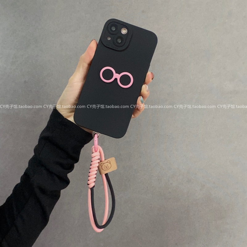 简约立体眼镜黑色壳适用opporeno11手机壳reno10/9pro女reno7创意5k腕带findx6手绳A97/A93/A58全包K11保护壳