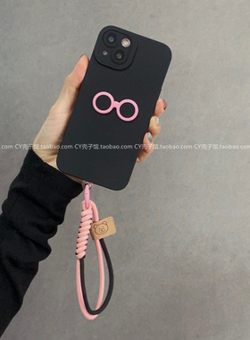 简约可爱粉色眼镜黑色壳适用vivox100手机壳x90s女x80pro创意x70手拎绳x60女s18/s17/s16/s15全包y78保护壳软