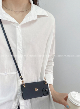 轻奢金属山茶花黑色斜挎绳适用荣耀200/100手机壳90GT可背8070软硅胶magic7/6高级感x60prox50全包畅玩60plus