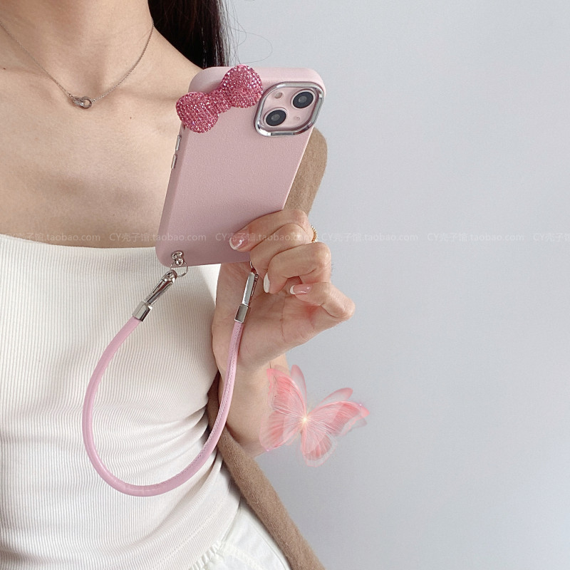 ins少女闪钻蝴蝶结皮纹粉色腕带挂绳适用iPhone16Promax苹果15手机壳14手提防摔13可爱甜美12/11软硅胶保护套