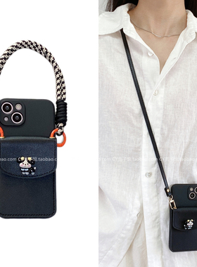 简约黑色可爱小狗斜挎卡包适用vivox200/x100s手机壳y300撞色手绳s20s19s18s17卡通软壳iqoo13/neo10/z9x全包
