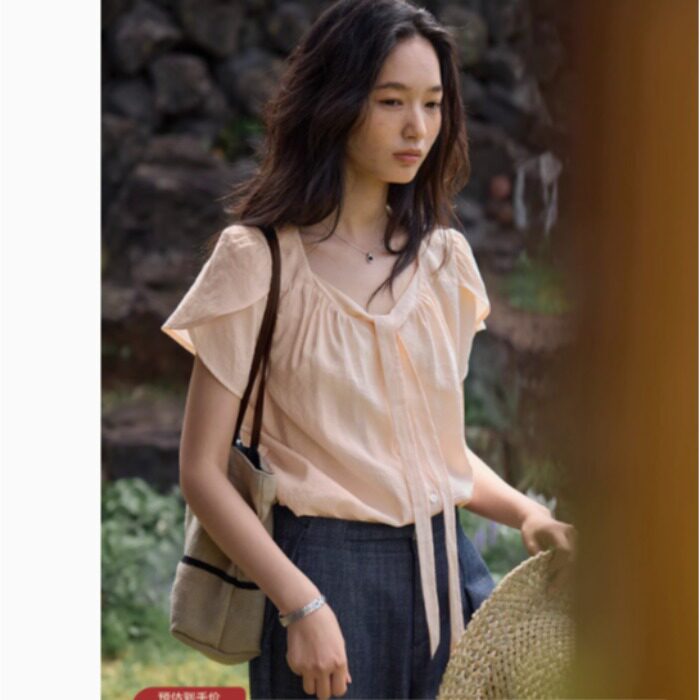 solighter 法式莱赛尔飘带花瓣袖衬衫女夏季