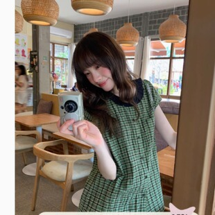 你好卡农 法式木耳边格纹短袖衬衫女夏季新款设计感落肩无袖上衣