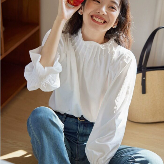 白色花朵领喇叭袖衬衫女春法式长袖设计感小众气质上衣