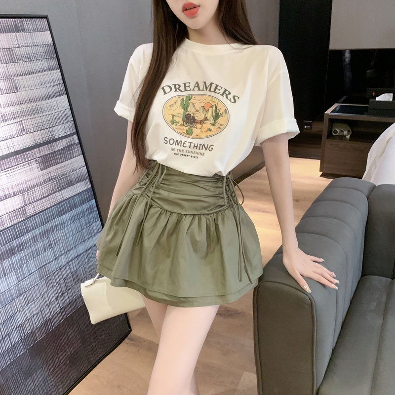 夏季新款百搭印花T恤重工褶皱抽绳蝴蝶结短裙套装女