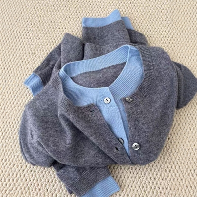 撞色拼接毛衣外套2025秋冬叠穿针织开衫外搭修身假两件打底衫上衣