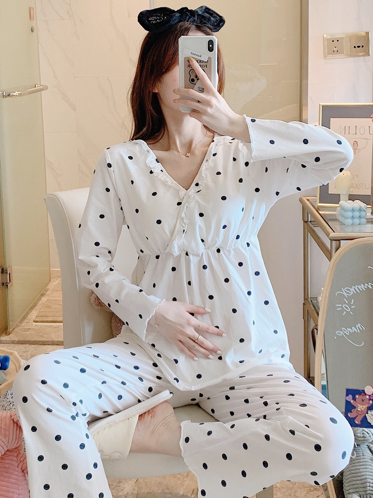 여름 감금복 봄과 가을 순면 얇은 섹션 산후 5월과 6월 산모 잠옷 수유모 가슴 패드