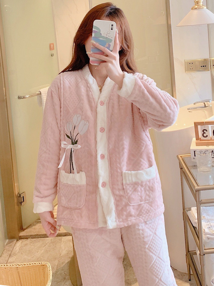 겨울 수유복 가을 겨울 산후 산후 잠옷 겨울 플란넬 두꺼운 대형 200파운드 11월 모유 수유