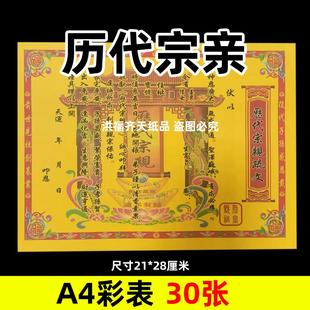 30张历代宗亲彩表摆件A4彩色21x28cm174各种碟文书疏文大全黄裱纸