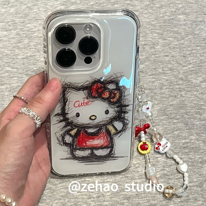 ZEHAO*ins白底潦草风kitty双层印花韩系14适用iphone16promax苹果16pro手机壳苹果16/13软15Promax保护套1女