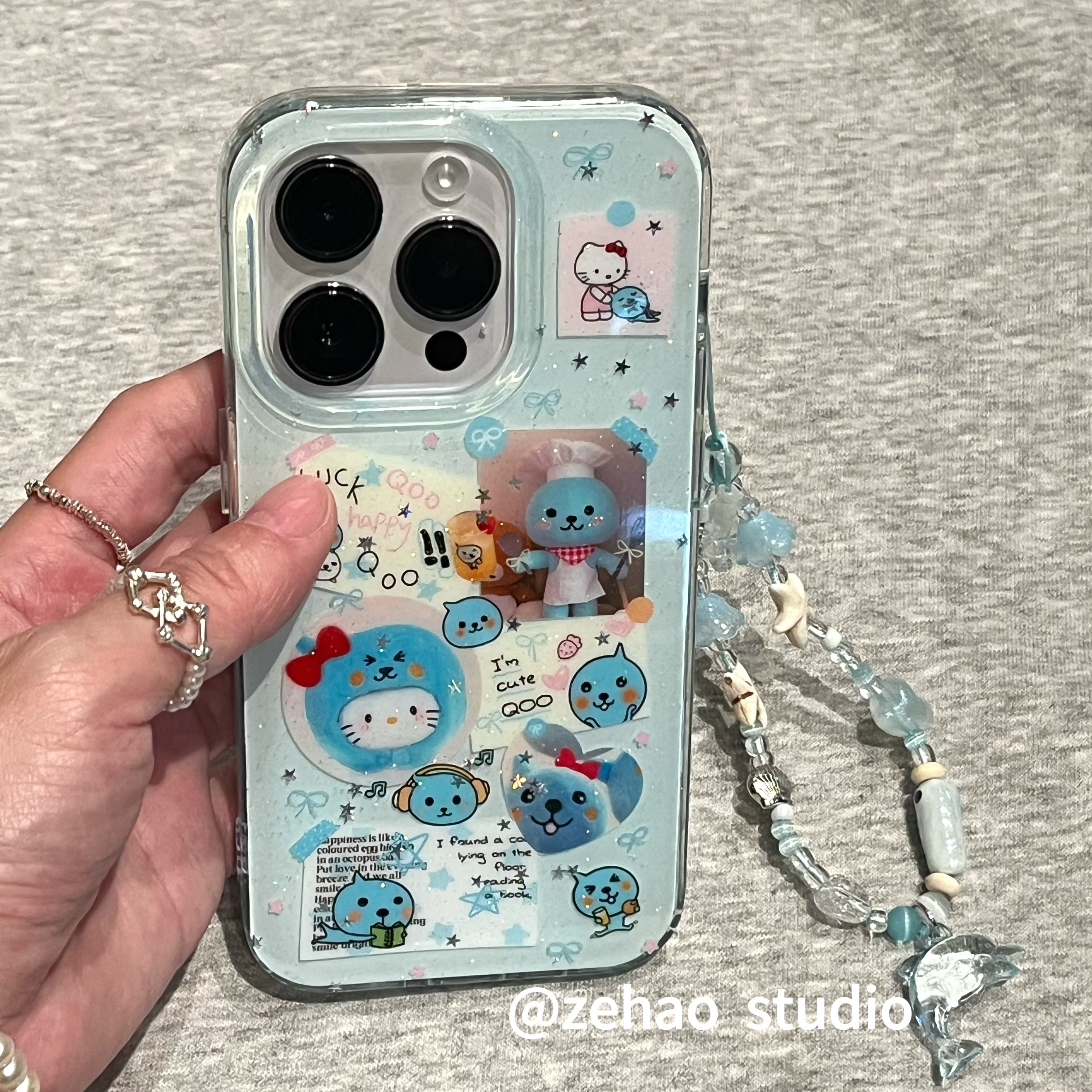 ZEHAO*ins蓝底细闪酷儿kt标签双层印花韩系14适用iphone16promax苹果16pro手机壳苹果16/13软15Promax保护套1