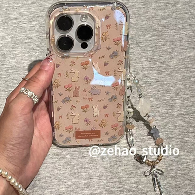 ZEHAO*ins奶茶色清新花花兔子双层印花韩系15Pro适用iphone16Promax苹果16pro手机壳14/17Promax圆边包相机键